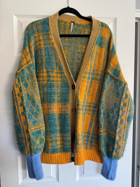 Free People Sweaters - Free People Plaid Chunky Cardigan in Mustard and Teal with Light Blue Cuffs